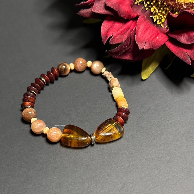 Boho Fall Bracelet - Pick Your Charm | Bow Acrylic Focal Beads | Sunstone Beads | Ox Bone Rondelle Beads | Amazonite | Wood Saucer Beads | Wavy Heishi Beads