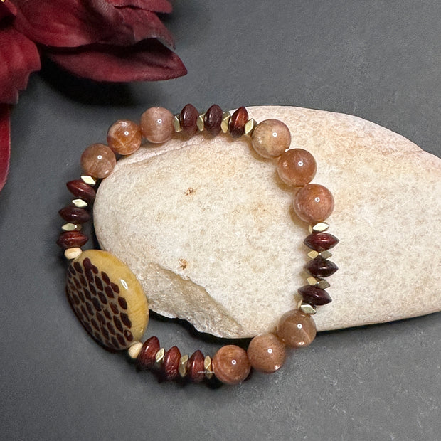 Boho Fall Bracelet - Pick Your Charm | Hand Painted Animal Print Focal | Sunstone Beads | Wood Saucer Beads