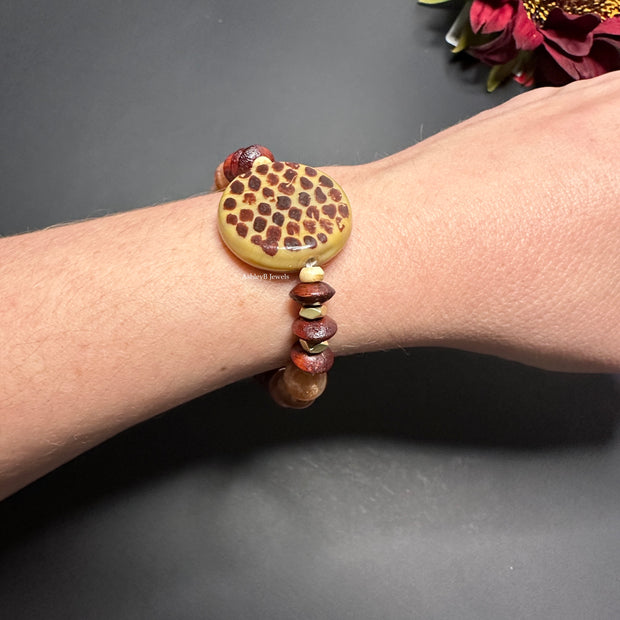 Boho Fall Bracelet - Pick Your Charm | Hand Painted Animal Print Focal | Sunstone Beads | Wood Saucer Beads