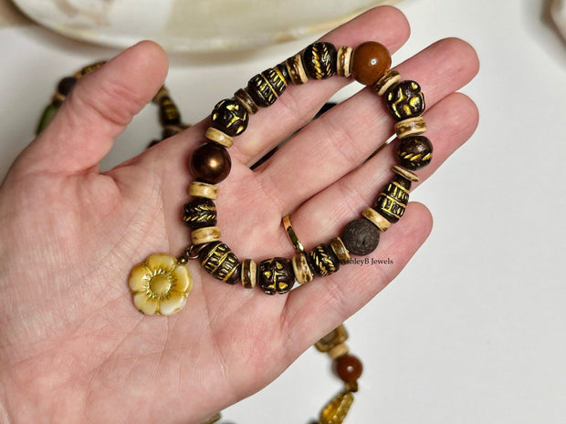 Boho Flower Bracelet Shell Wood Brass