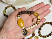 Boho Sunflower Bracelet |  Lava Stones | Shell Beads | Yellow Jade Focal | Howlite