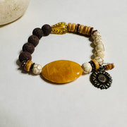 Boho Sunflower Bracelet |  Lava Stones | Shell Beads | Yellow Jade Focal | Howlite