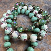 Green Crystal Bracelet Stack | Bronze Finish | Clay Beads | Floral Beads | Light Green Stretch Bracelets