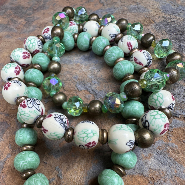 Green Crystal Bracelet Stack | Bronze Finish | Clay Beads | Floral Beads | Light Green Stretch Bracelets