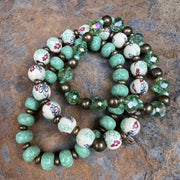 Green Crystal Bracelet Stack | Bronze Finish | Clay Beads | Floral Beads | Light Green Stretch Bracelets