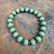 Green Crystal Bracelet Stack | Bronze Finish | Clay Beads | Floral Beads | Light Green Stretch Bracelets