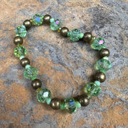 Green Crystal Bracelet Stack | Bronze Finish | Clay Beads | Floral Beads | Light Green Stretch Bracelets