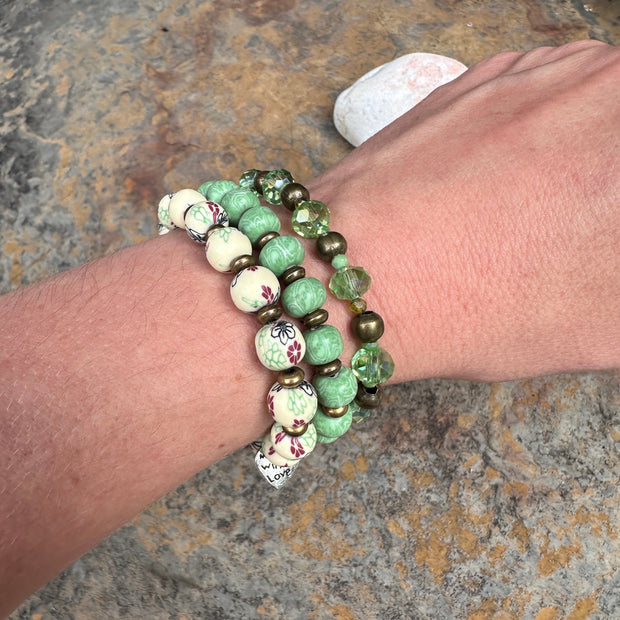 Green Crystal Bracelet Stack | Bronze Finish | Clay Beads | Floral Beads | Light Green Stretch Bracelets