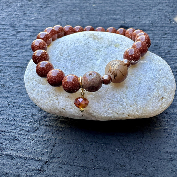 Glitter Goldstone Boho Bracelet | Stretch Bracelet | Red-Brown | Fall Bracelet