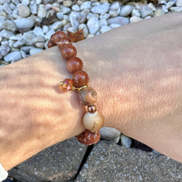 Glitter Goldstone Boho Bracelet | Stretch Bracelet | Red-Brown | Fall Bracelet