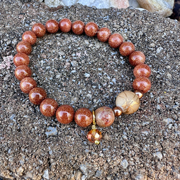 Glitter Goldstone Boho Bracelet | Stretch Bracelet | Red-Brown | Fall Bracelet