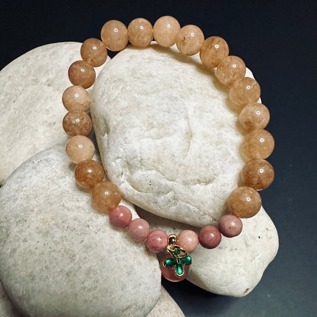 Peach Quartz & Pink Rhodonite Stack | Mermaid Glass | Peach Charm | Bracelet Set | Gifts for Women