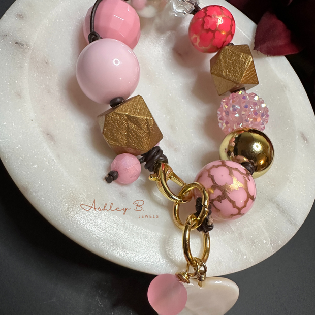 Pink October Chunky Bracelet | Hand-tied | Leather Corded Bracelet | Breast Cancer Awareness | Heart Charm